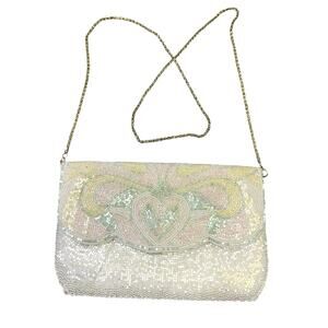 Vintage Beaded Women’s Handbag Clutch, Gold Chain‎ Pearl Beads Spring Easter